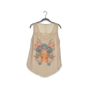 Mine Beige Sleeveless Sheer Top with Crystal Graphic